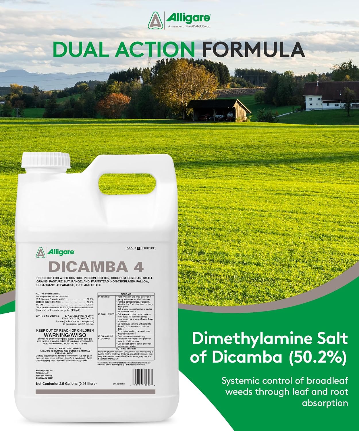 Alligare Dicamba 4 for Corn, Soybean, Cotton, Sugarcane, Turf & More - Powerful Weed Control - Water-Soluble Dicamba Herbicide