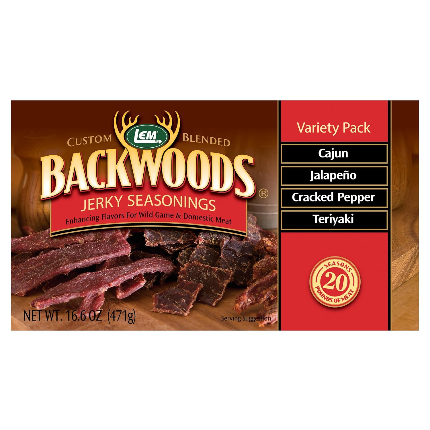 LEM Products Backwoods Original Jerky Seasoning, Ideal for Wild Game and Domestic Meat, Seasons Up to 25 Pounds of Meat, 18.3 Ounce Packet with Pre-Measured Cure Packet Included