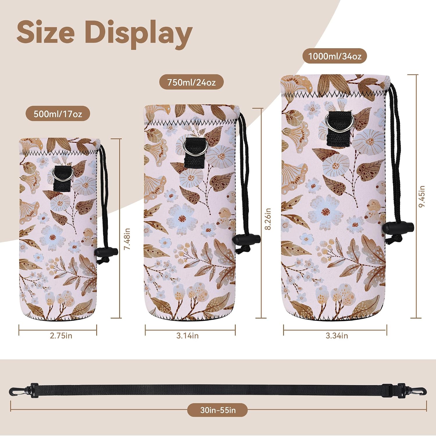RICHEN Neoprene Water Bottle Carrier Bag with Adjustable Shoulder Strap,Insulated Water Bottle Cover for Stainless Steel/Glass/Plastic Bottles