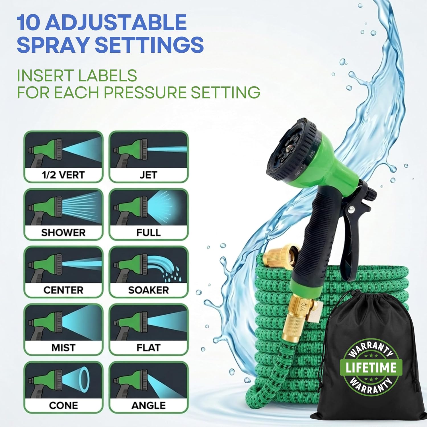 J&B XpandaHose 75ft Expandable Garden Hose, Lightweight, Brass Connectors | Ultra Strong 3750D fabric, 4-layer latex core, expands 3X, kink & leak-resistant, 10-pattern nozzle, storage bag