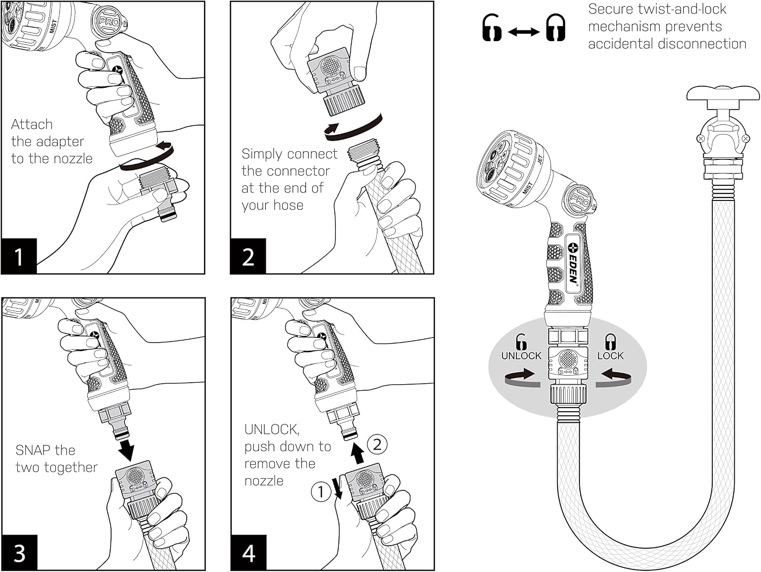 Eden Metal 7-Pattern Hose Nozzle: Thumb Control, Heavy-Duty Zinc Alloy
