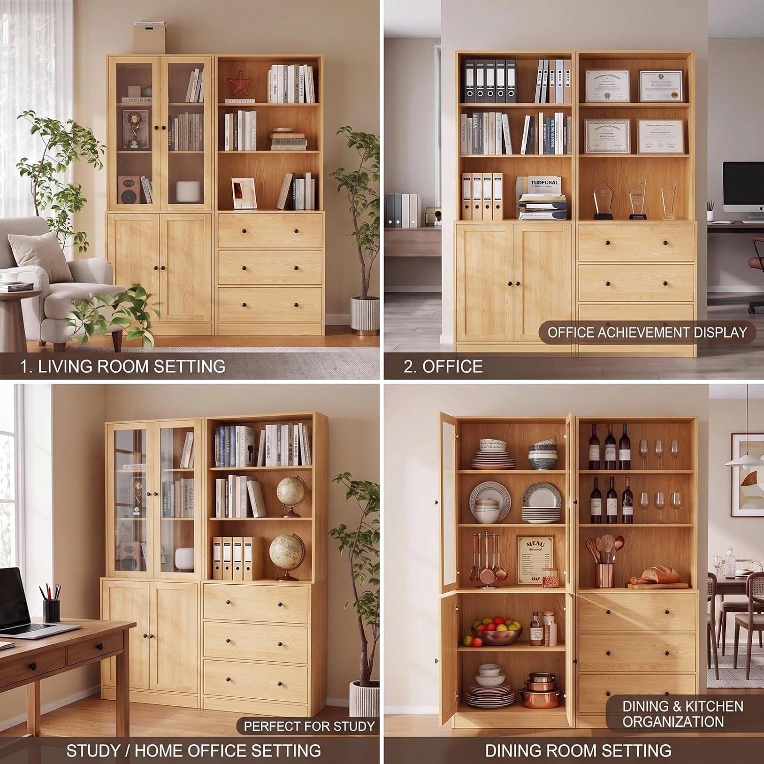 TUSY 71" H Bookcase with Storage | 6-Tier Modern Bookshelf with Drawers, Display Bookcase with Glass Doors, White Curio Cabinet for Home Office, Living Room
