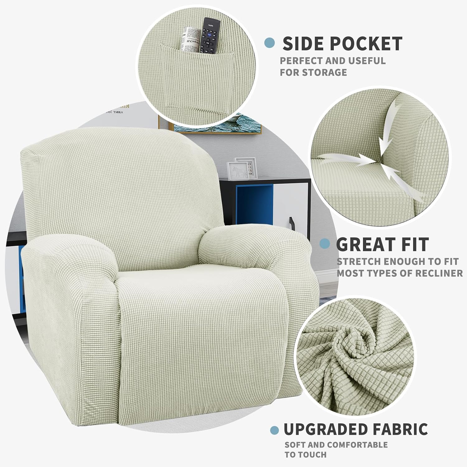 JIVINER Super Stretch Recliner Chair Covers 4 Pieces Sofa Slipcover for Reclining Chair Spandex Soft Recliner Slipcover with Pockets Recliner