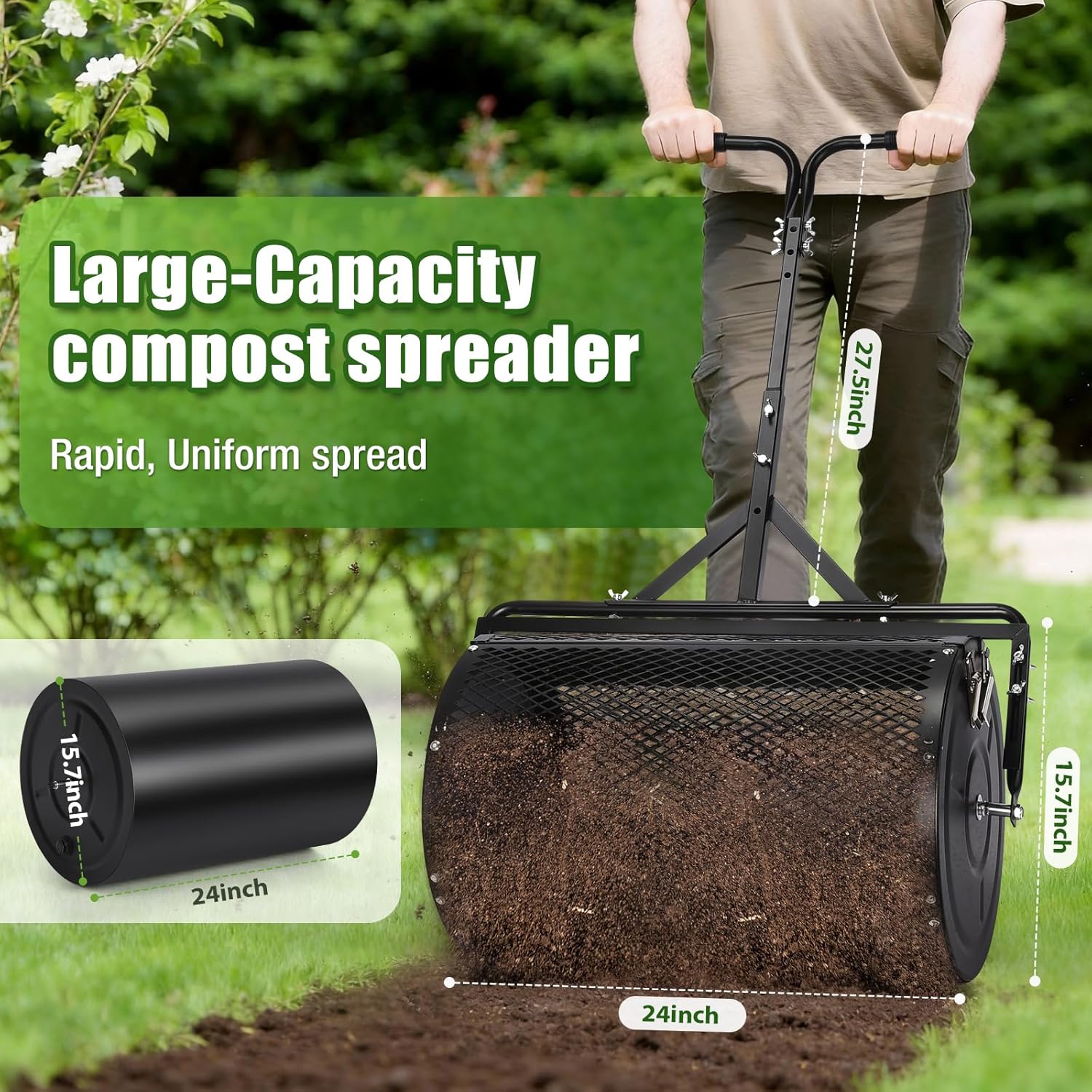 24 Inch Compost Spreader & Lawn Roller, Featuring One Mesh Roller and One 23 Gallon Hollow Roller, Push & Tow Design