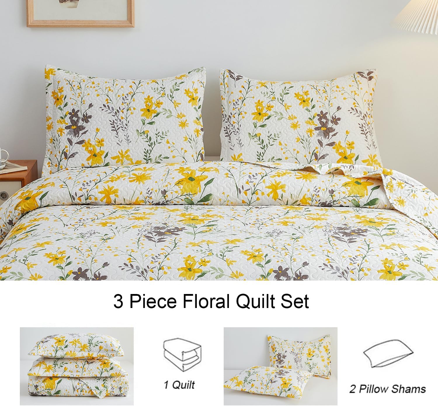 Ycosy Floral Quilt Set Full/Queen Size Reversible Flower Bedspread Queen Summer Lightweight Quilt Bedding Purple Floral Quilts Green Leaves Coverlet