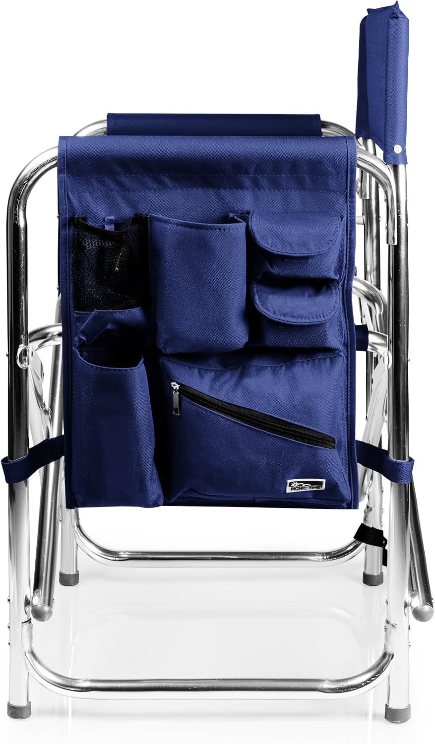 PICNIC TIME Sports Chair with Side Table and Armrest Caddy, Lightweight Aluminum Folding Outdoor Camping Chair for Adults, Portable Director Style Lawn Seating with Pockets & Carry Strap, (Navy Blue)