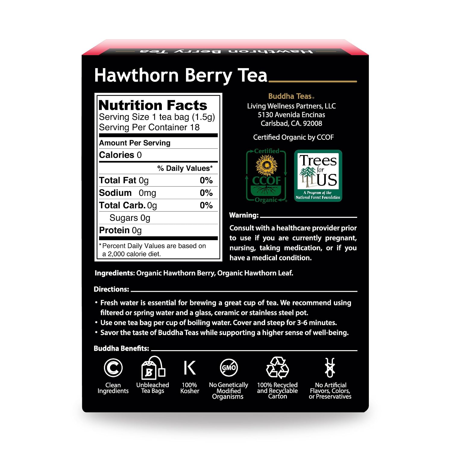 Buddha Teas Organic Hawthorn Berry Tea - OU Kosher, USDA Organic, CCOF, 18 Bleach-Free Tea Bags
