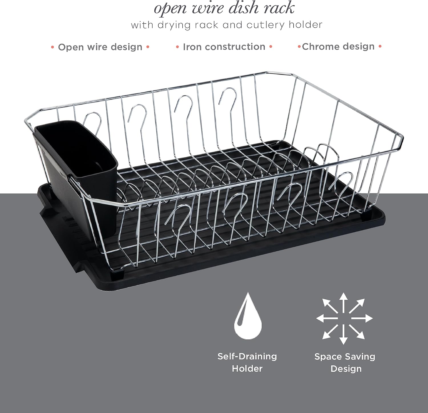 Kitchen Details 3 Piece Dish Rack | Drying Rack, Cutlery Basket & Drainboard Tray | Countertop | Self Draining | Open Wire Design | Chrome | White