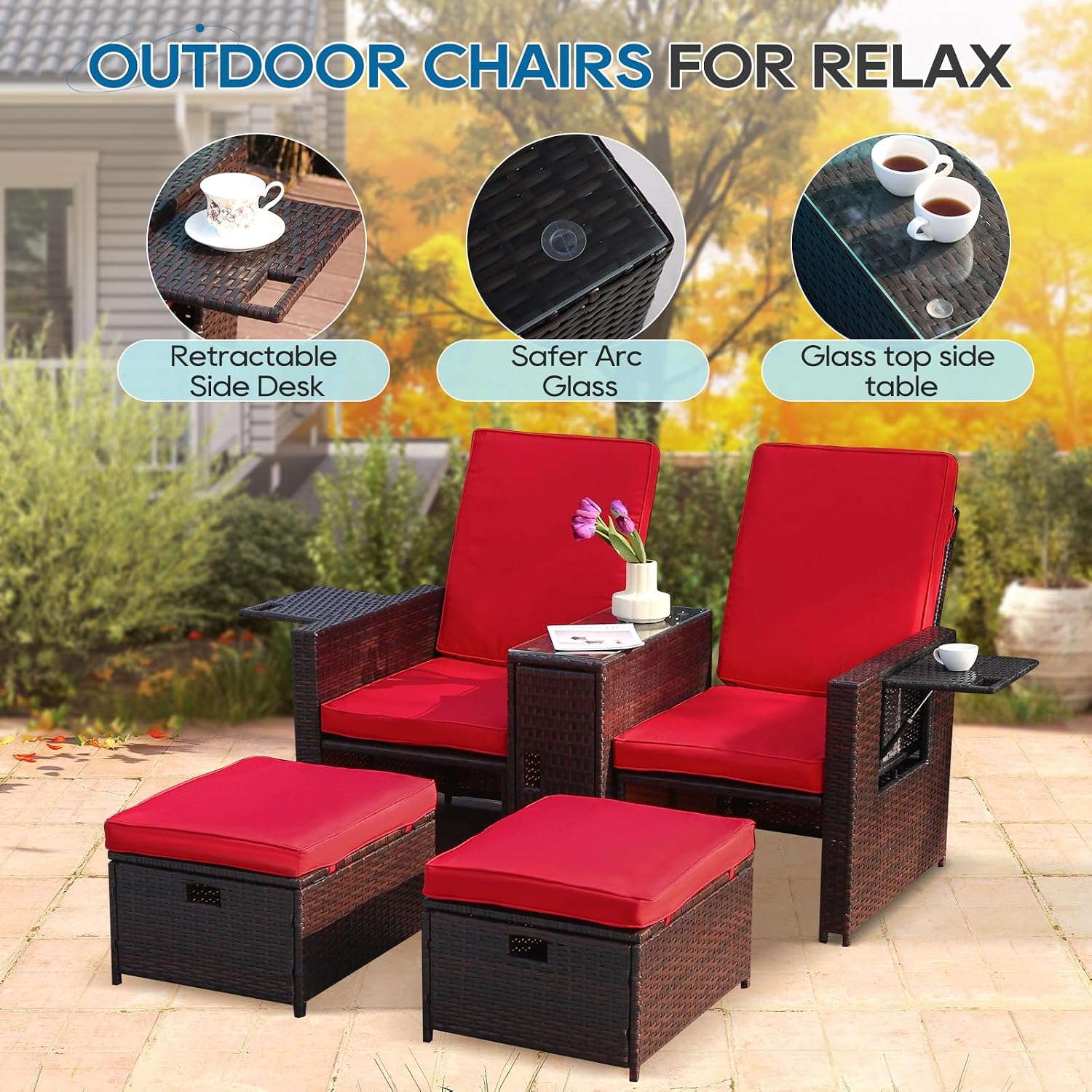 5PCS Outdoor Wicker Chaise Lounge Chair - Rattan Adjustable Reclining Patio Lounge Chair with Ottoman and Coffee Table