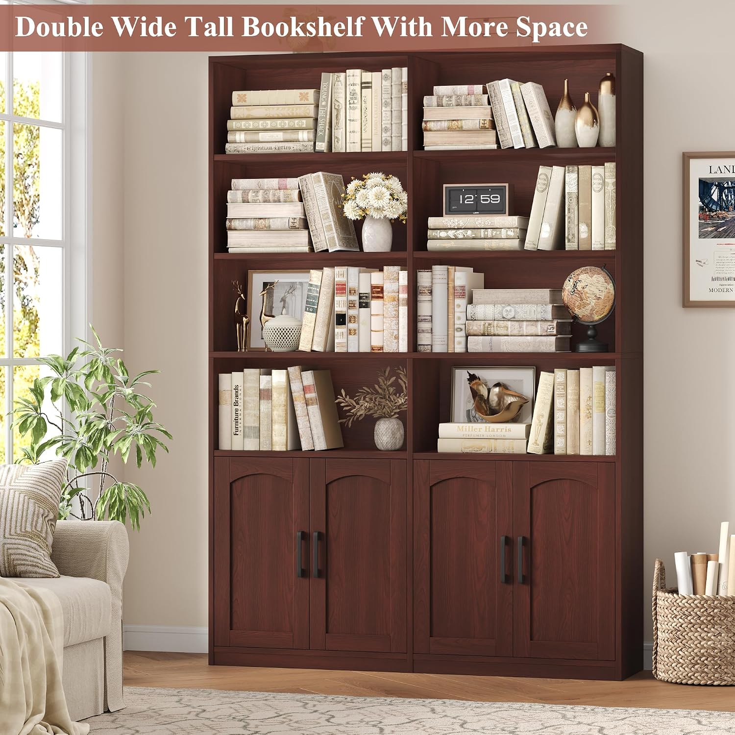 Bookshelf and Bookcase with Doors, Double Wide Large Bookshelves | Industrial Open Display Shelves 6 Tier, 73'' Tall Bookshelf with Storage Cabinets for Office,Home, Living Room, Library,White
