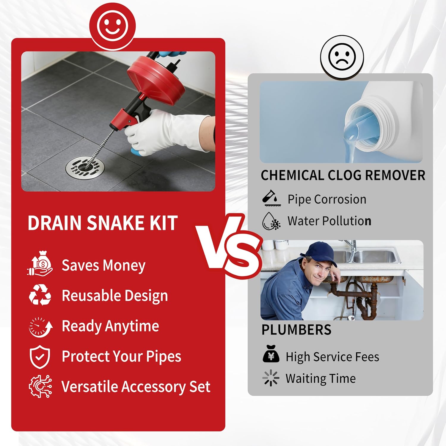 Drain Snake 25 Ft with Drill Attachment, Auto Feed 1/4 Inch Plumbing Snake for Sink, Shower & Tub Clogs, Manual or Drill-Powered Drain Auger, with Gloves, Safety Glasses & Storage Bag