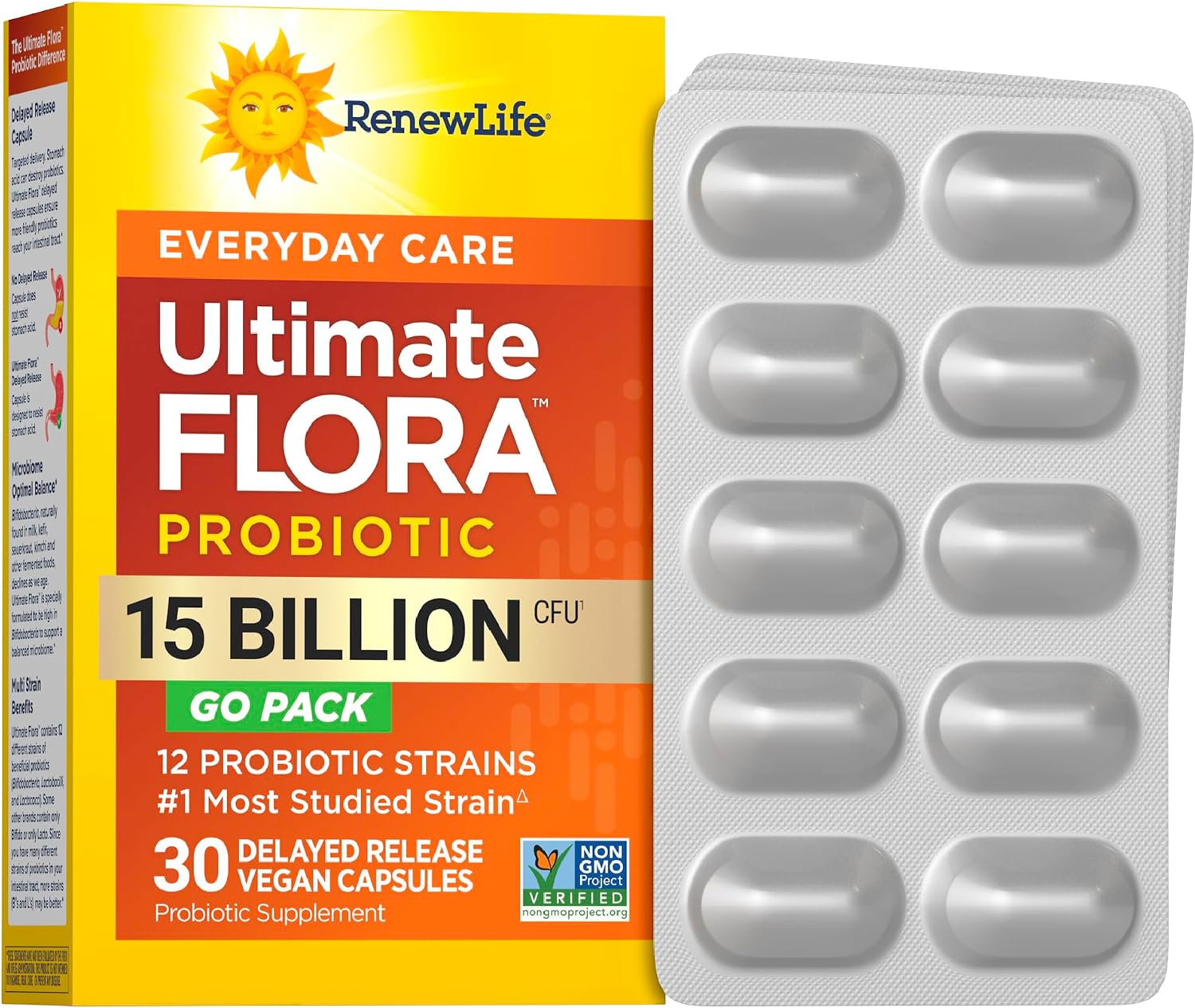 Renew Life Ultimate Flora Probiotic 15 Billion CFU | 30 Delayed Release Vegan Capsules Go Pack | Everyday Care Formula | Dairy, Soy, and Gluten Free Supplement