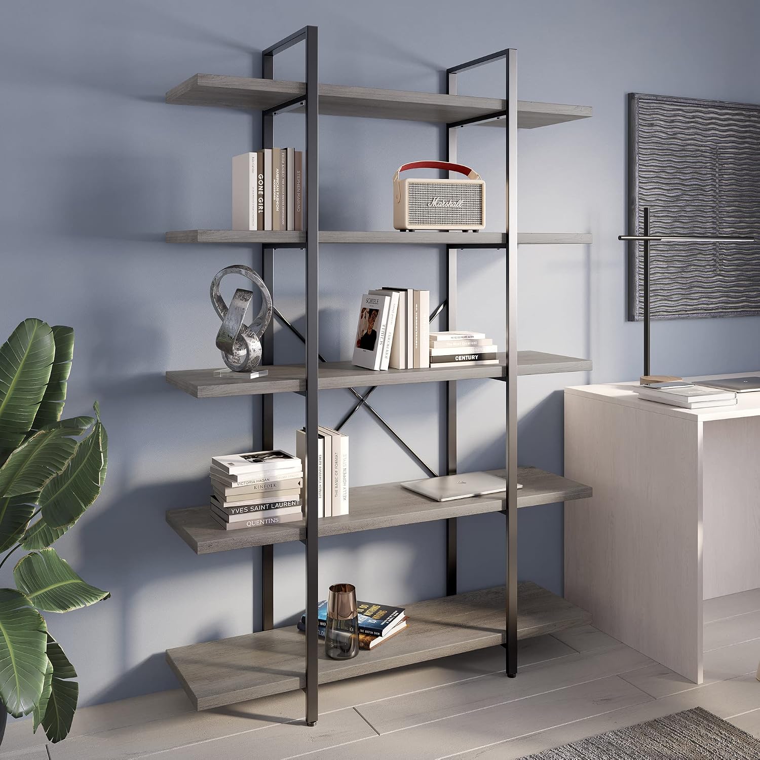 BELLEZE 4 Tier Modern Rustic Industrial Bookshelf, Open Wide Office Etagere Book Shelf