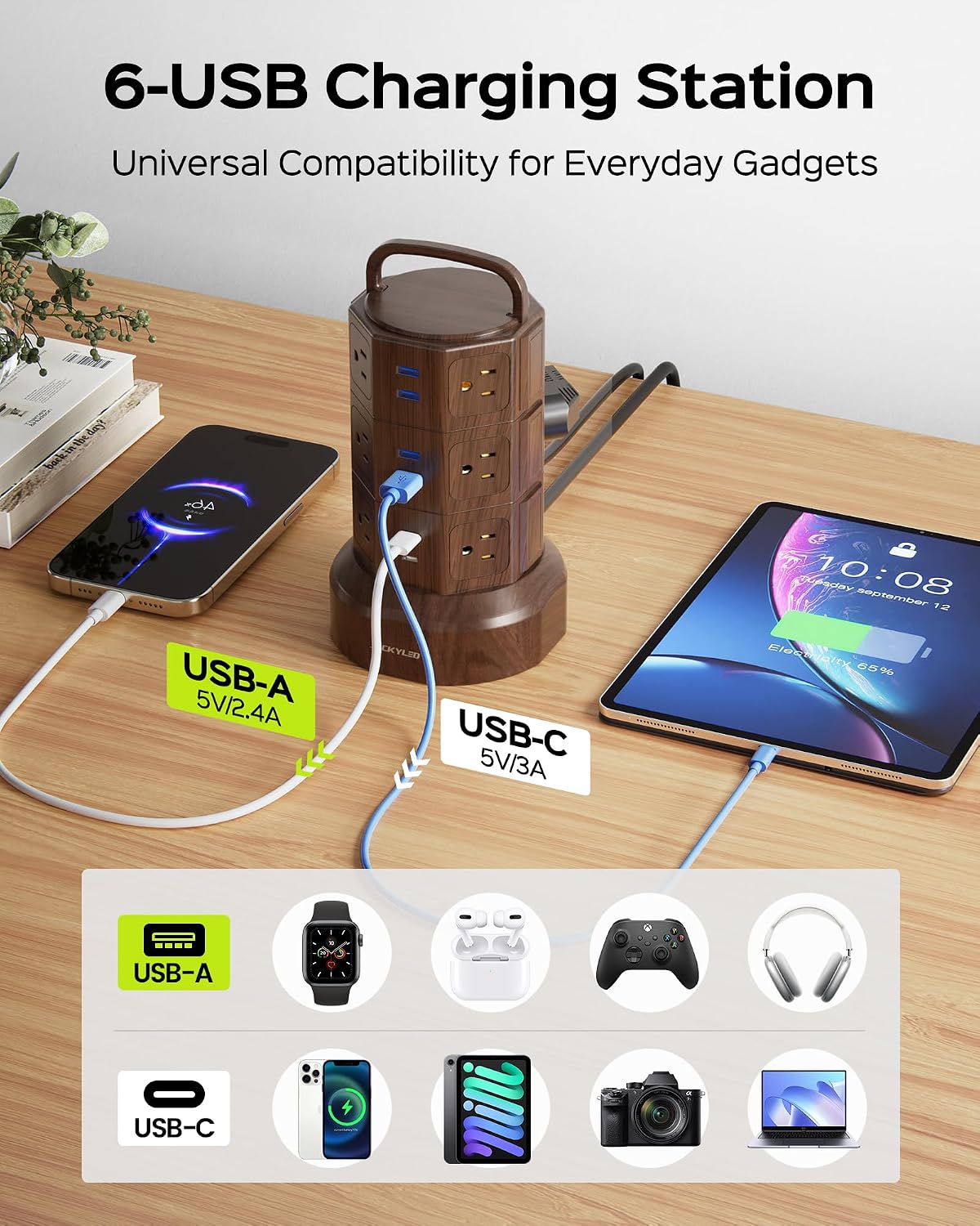 JACKYLED Power Strip Tower Surge Protector, 12 AC 6 USB (2 USB C), 1050J
