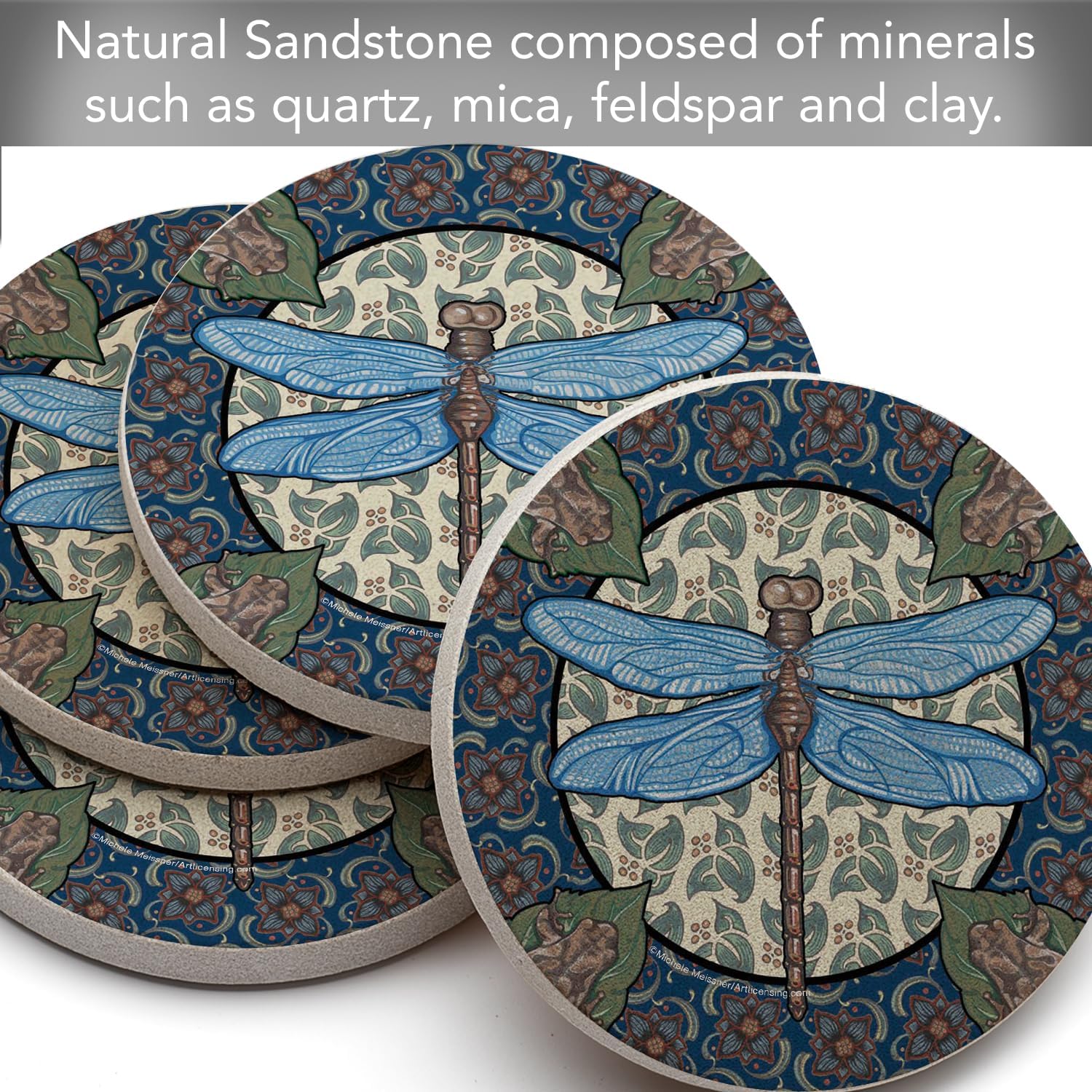 Thirstystone Apple Dragonfly 4 Pack Round Natural Sandstone Coasters | Manufactured in the USA, Decorative, Easily Wipes Clean