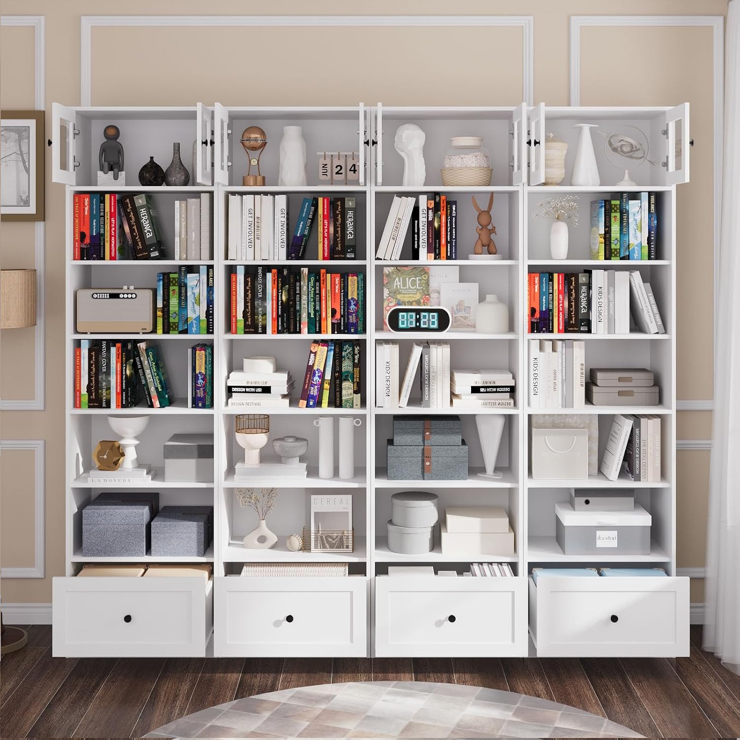 TUSY 85.5 Inch Tall Bookshelf with Doors - 7 Tier Bookcase with Glass Doors and Drawer, 23.6" Wide Storage Cabinet with Open Shelves for Living Room, White Book Shelf for Home Office, Study (AAAA)