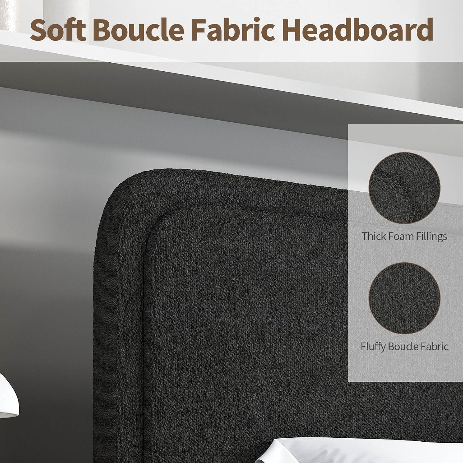 BarnFurin Full Bed Frame, Cloud Boucle Headboard, Rounded Corners, White | Soft boucle and rounded edges create a low-profile cloud look. Wooden slats support the mattress without a box spring
