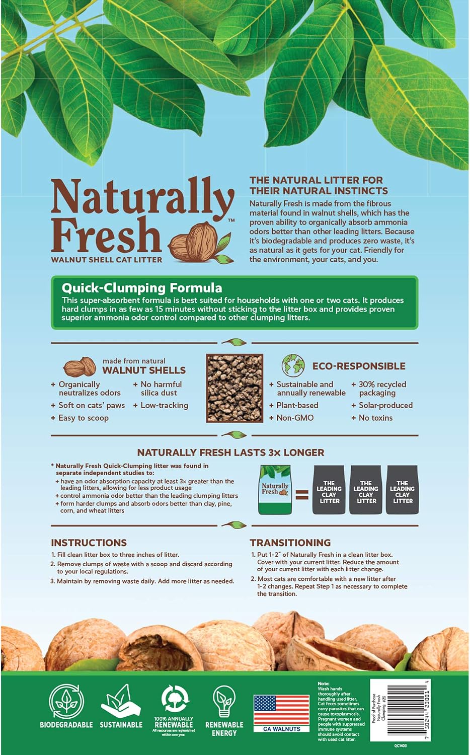 Naturally Fresh Cat Litter Made From Walnut Shells, 1-2 Cats, Unscented, Upcycled, Easy Scooping, Sustainable, 26 Lbs