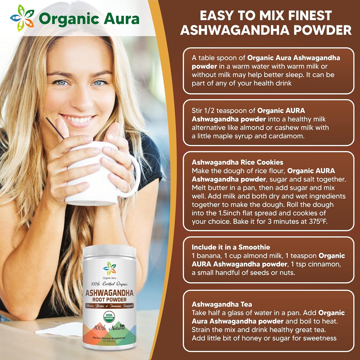 Certified Organic Ashwagandha Root Powder 16Oz -1Lb. Natural Stress, Brain and Immune Support. Enhances Overall Health. Raw Superfood. 100% Natural Herbal