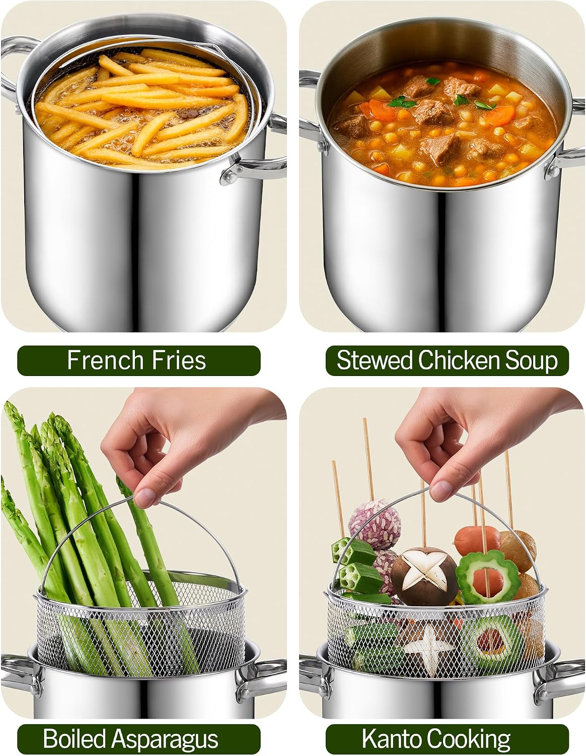 Cook N Home Basics 4-Quart Deep Fryer Pot with Basket, Japanese Tempura Small Stainless Steel Frying Pot with Oil Drip Drainer Rack, Glass Lid, Suitable for Kitchen French Fries, Chicken