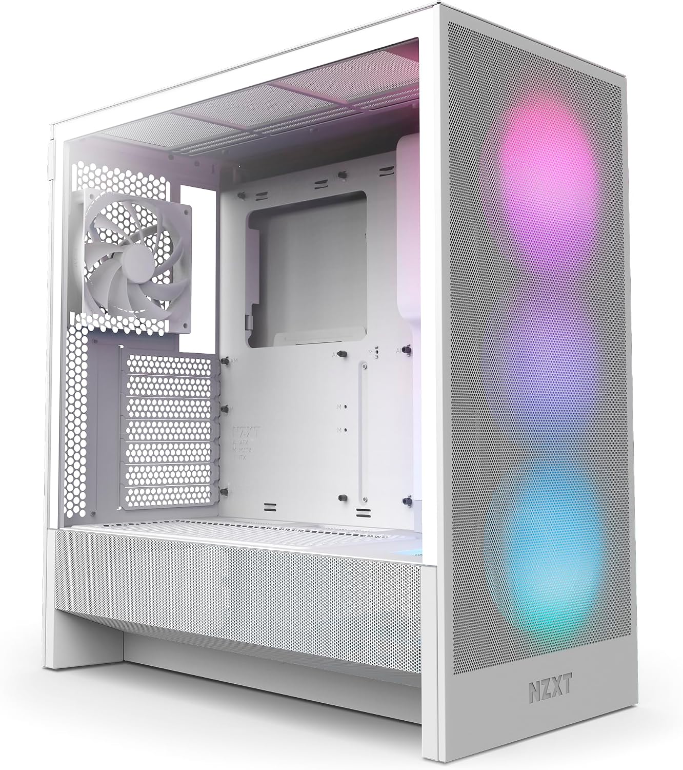 NZXT H5 Flow RGB - Compact ATX Mid-Tower PC Case - White | Compact mid-tower with included F360 RGB Core fans, 360mm radiator support, tempered glass. CAM-ready RGB out of the box.