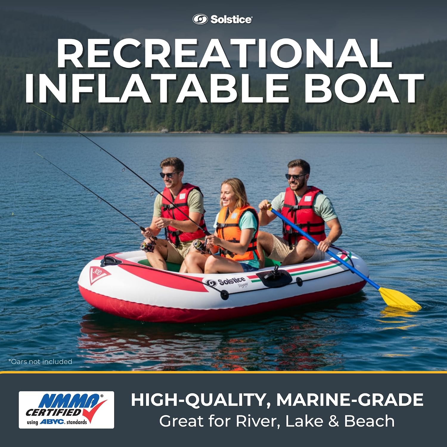 Solstice Voyager 4-Person Inflatable Fishing Boat with Dual Swivel Oar Locks and Rod -Holder, Motor Compatible 9' x 5'