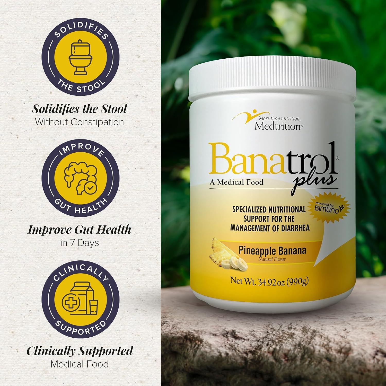 Medtrition Banatrol® Natural Anti-Diarrheal with Prebiotics, Relief from Chronic Diarrhea, IBS, Recurring Diarrhea, Clinically Supported Medical Food, Non-Constipating, 75 Servings (Pineapple)