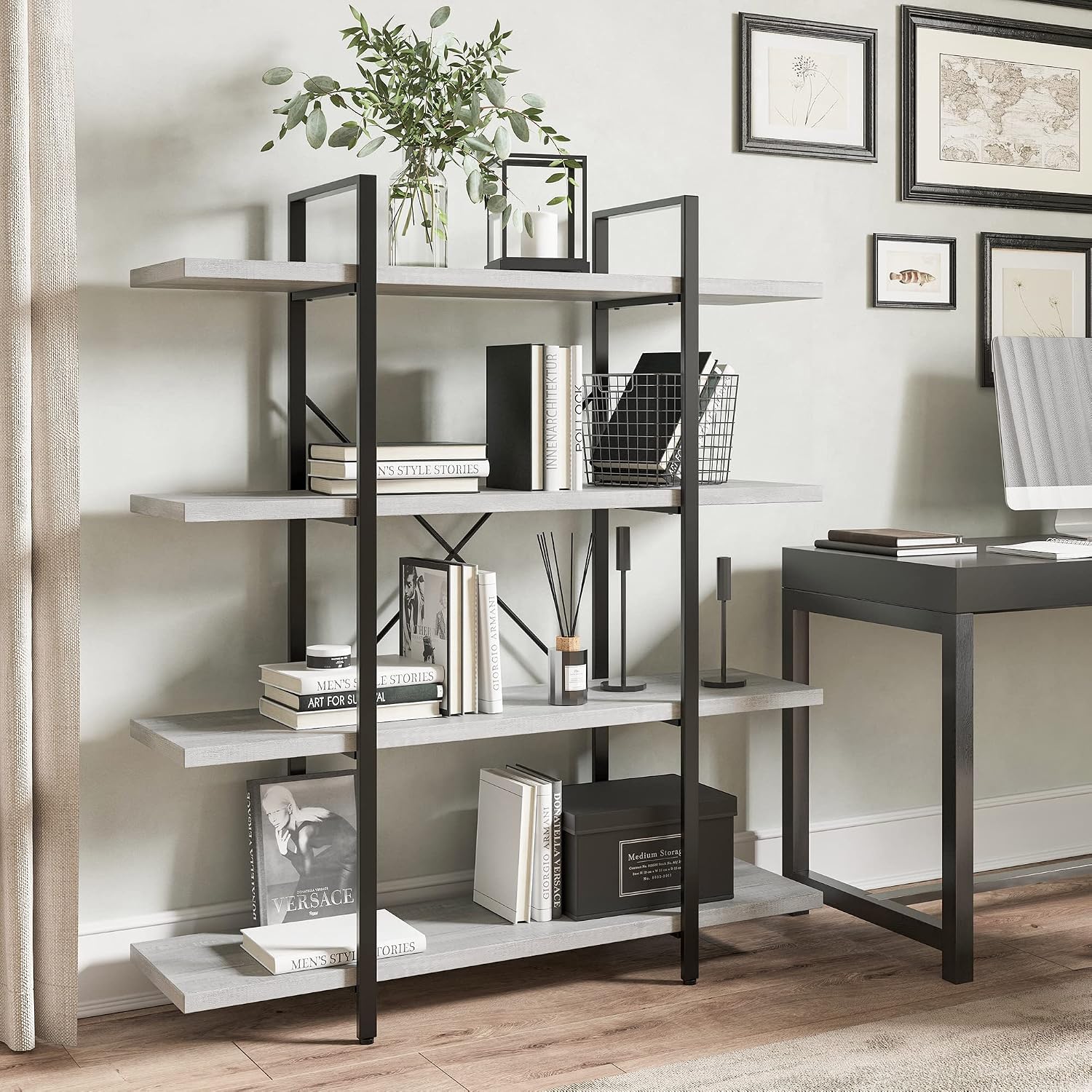 BELLEZE 4 Tier Modern Rustic Industrial Bookshelf, Open Wide Office Etagere Book Shelf