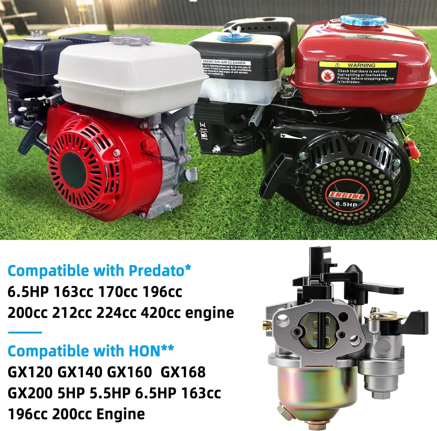 GX160 Carburetor Compatible with 212cc Predator 224cc 196cc 200cc Minibike GX120 GX168 GX200 GX140 Engine 5.5HP 6.5HP Pressure Washer Baja 200 Go