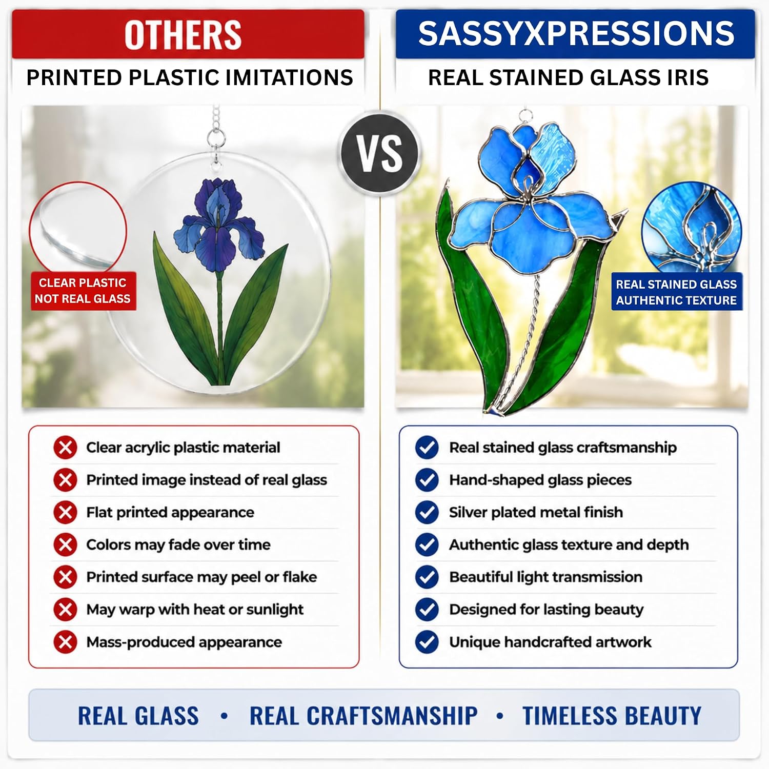 Blue Iris Stained Glass Suncatcher 7x4 Inch – Real Stained Glass Silver Plated Hanging Flower Ornament – Christian Symbol of Faith Wisdom Hope