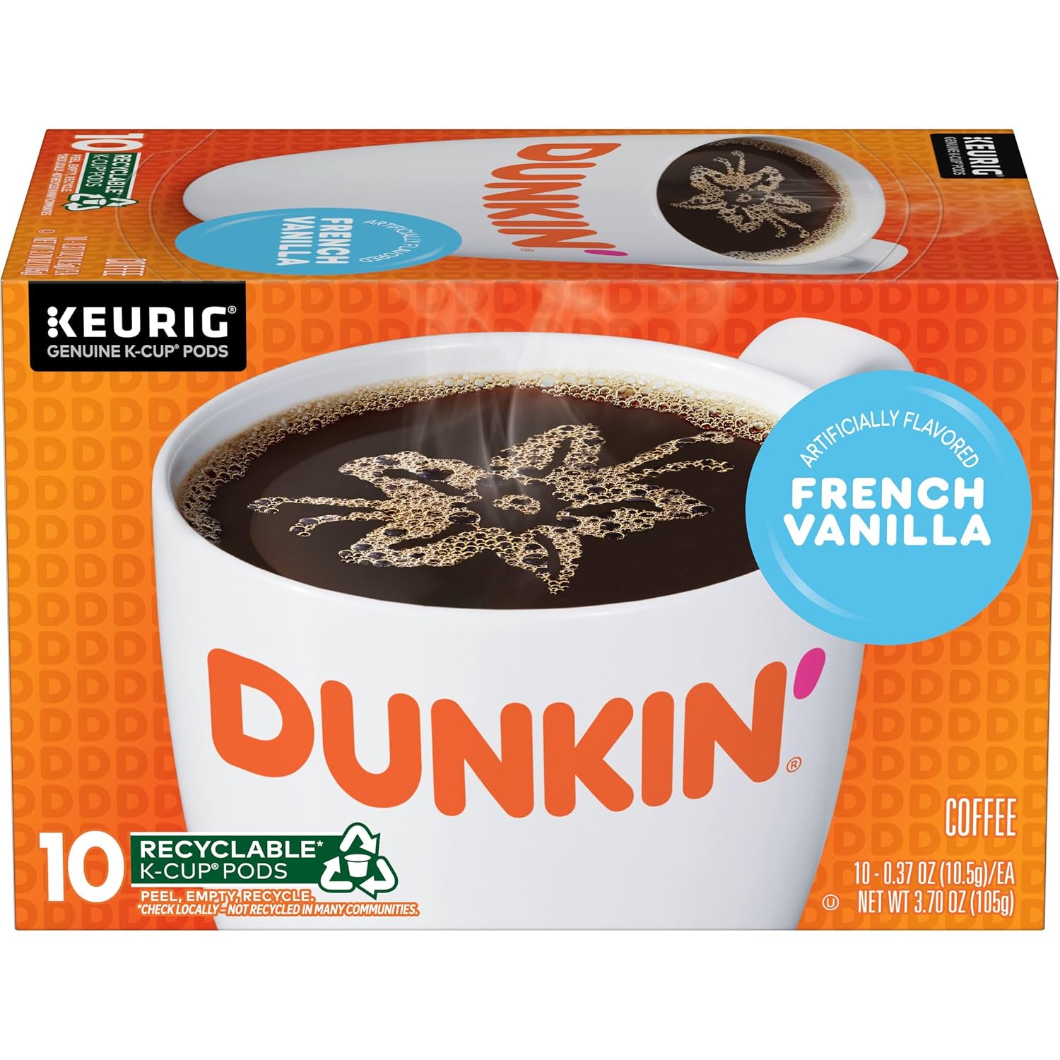 Dunkin’ French Vanilla Artificially Flavored Coffee, 60 Keurig K-Cup Pods | 6 boxes of 10 single serve coffee pods each, Smooth & rich flavor, Made with arabica coffee, Shelf stable, SNAP EBT eligible