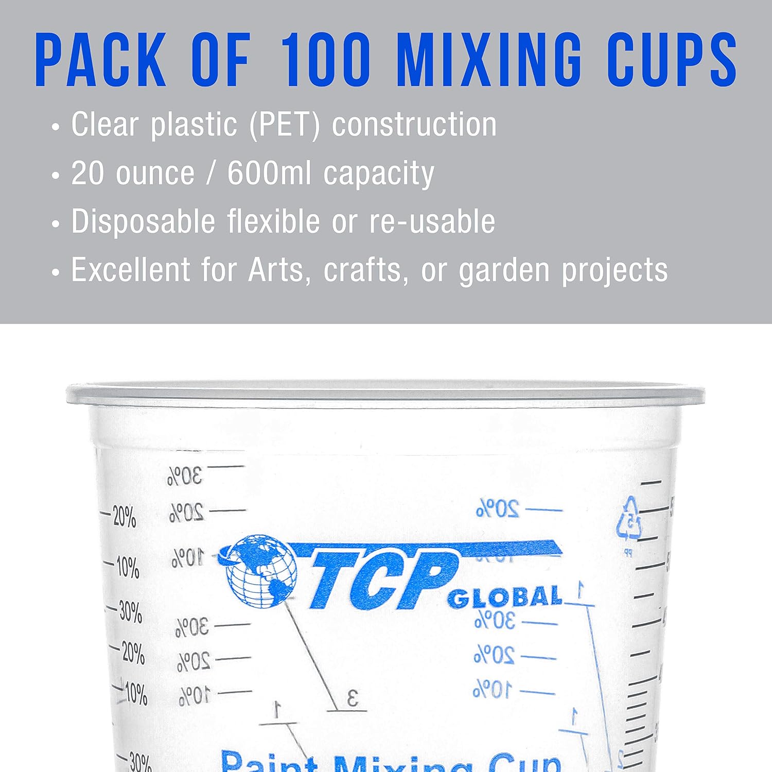 TCP Global 20 oz. (600ml) Graduated Plastic Mixing Cups - Box of 50