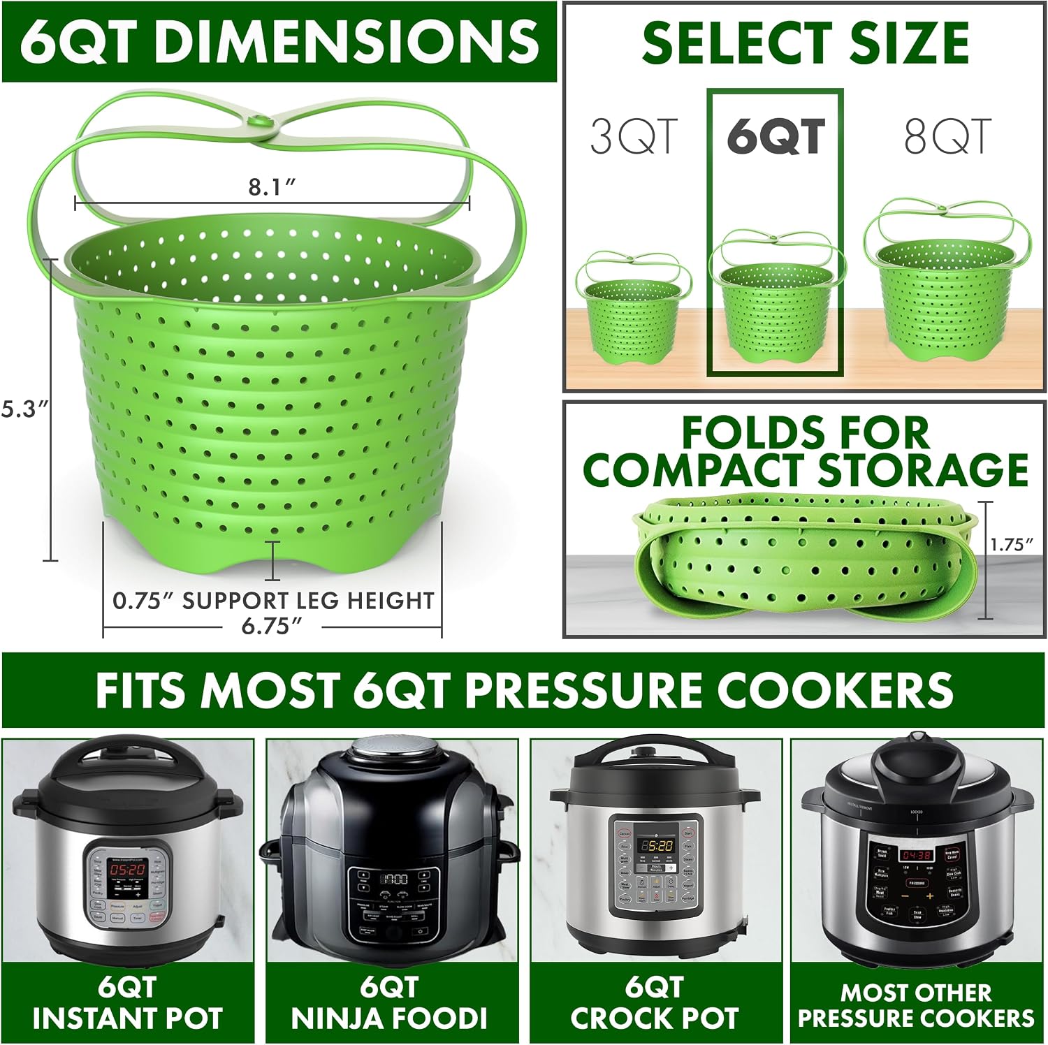 Avokado Silicone Steamer Basket for 3qt Instant Pot [6qt, 8qt avail], Other Pressure Cookers - 100% Food Safe, BPA-Free