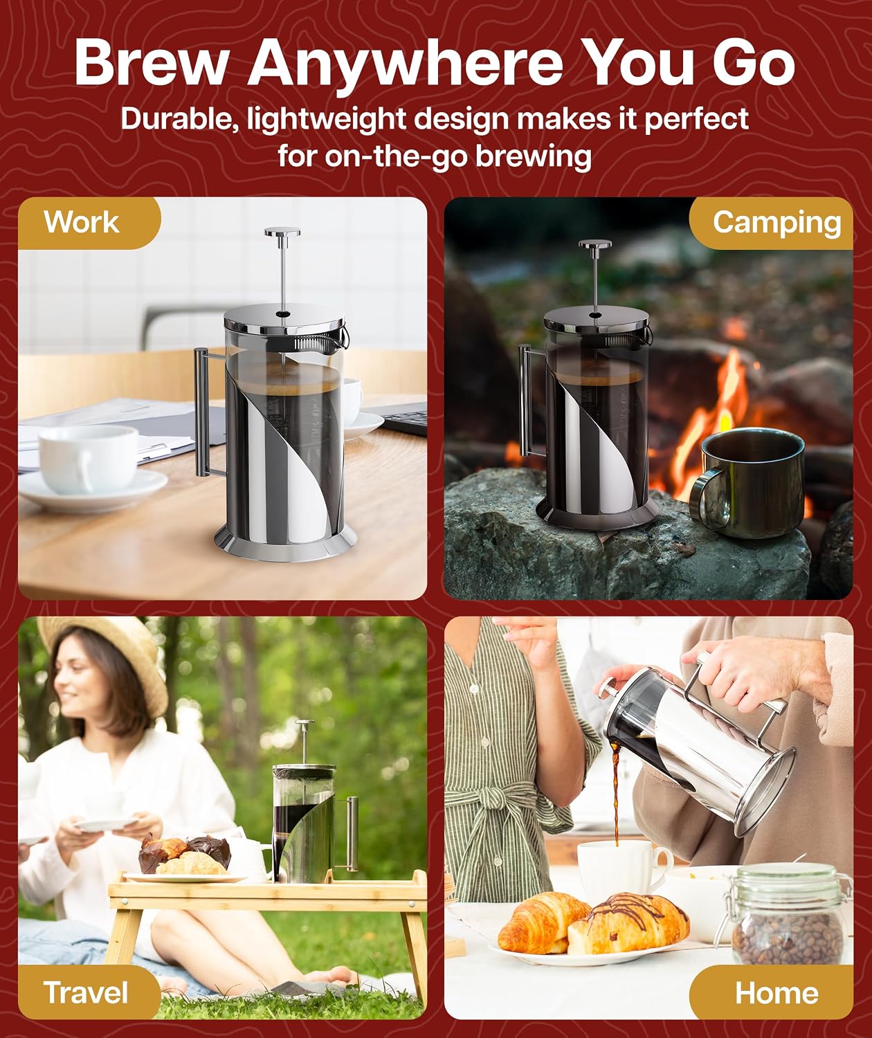 Cafe Du Chateau French Press Coffee Maker, 34 oz Glass, Stainless Steel | Easy Brew, Durable Clear Glass, 4-level Filtration, 34 oz Capacity, Coffee Press for Camping, Tea Brewer, BPA-Free Materials