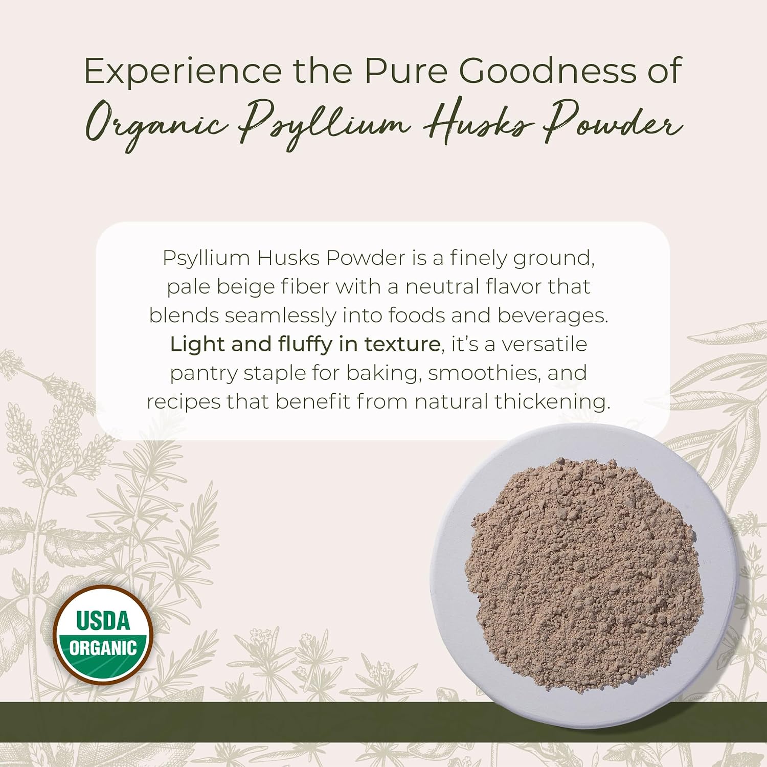 Starwest Botanicals Psyllium Husks Powder Organic, Non GMO - Bulk 1 lb Bag | Ground Natural Psyllium Fiber Powder, Use for Baking, Smoothies