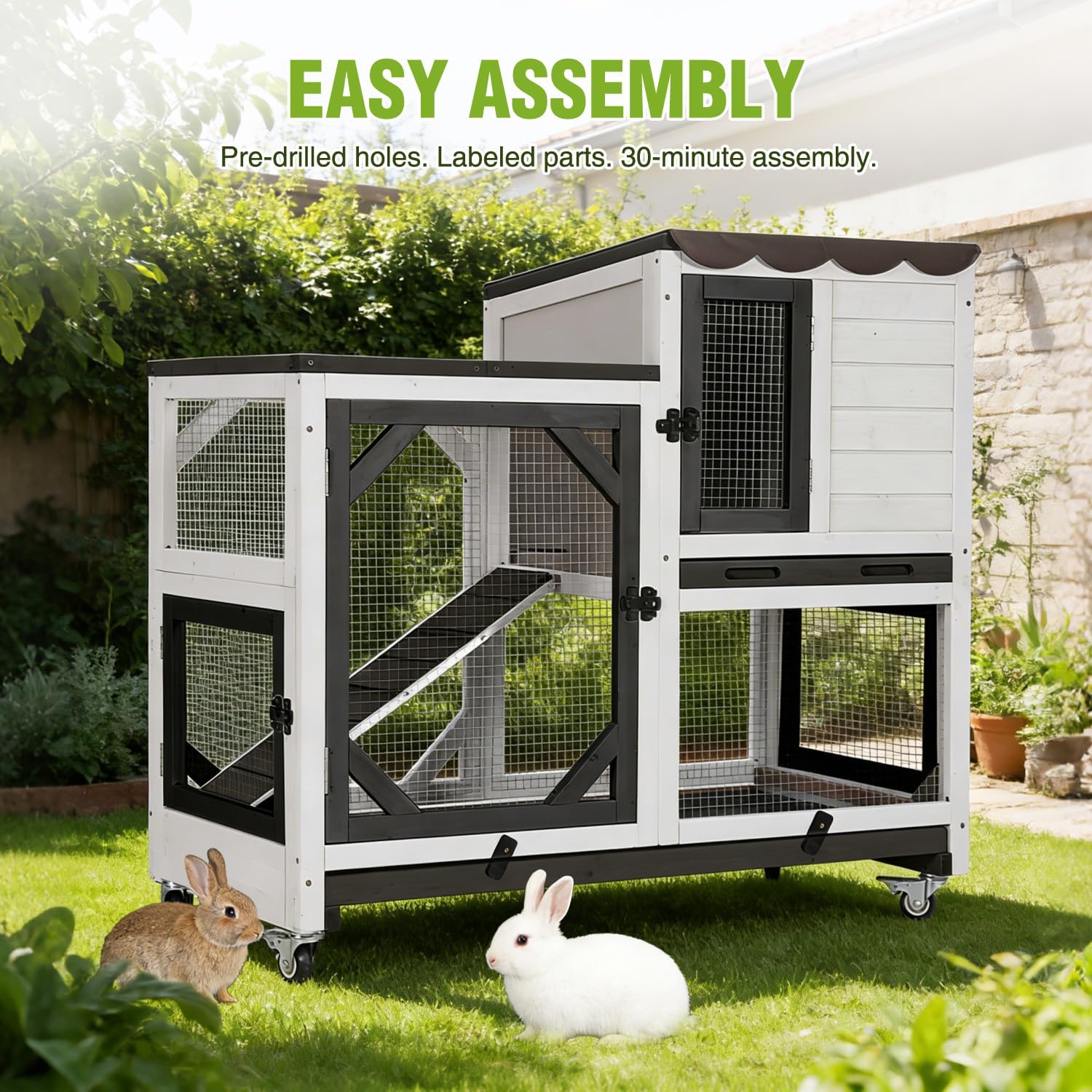 Outdoor Rabbit Hutch Indoor Bunny on Wheels Large Guinea Pig Cage with Run for Any Small Animals,Removable Pull Out Tray