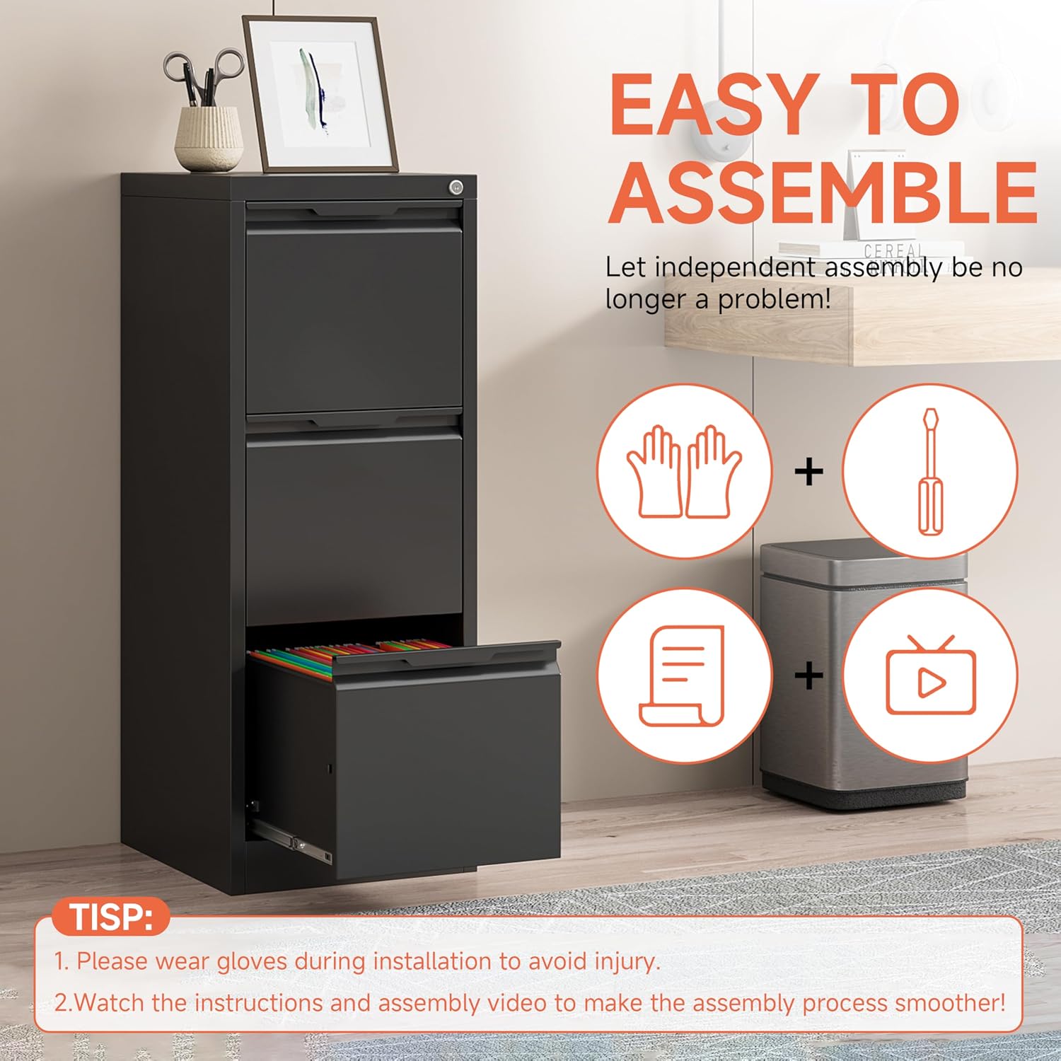 3 Drawer File Cabinet with Lock,Vertical Filing Cabinets for Home Office,Heavy Duty Metal File Cabinet for Hanging A4/Letter/Legal Size File,Vertical File Cabinet 15" W X 17.8" D X 38.3" H-Black
