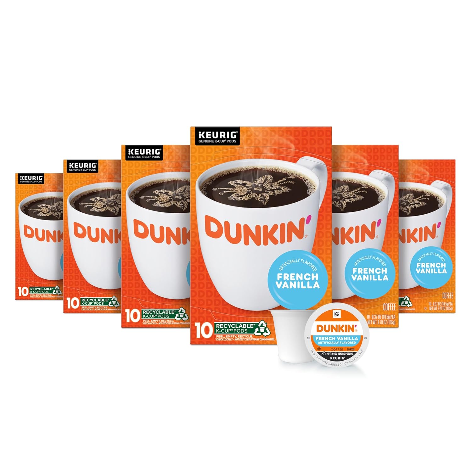 Dunkin’ French Vanilla Artificially Flavored Coffee, 60 Keurig K-Cup Pods | 6 boxes of 10 single serve coffee pods each, Smooth & rich flavor, Made with arabica coffee, Shelf stable, SNAP EBT eligible