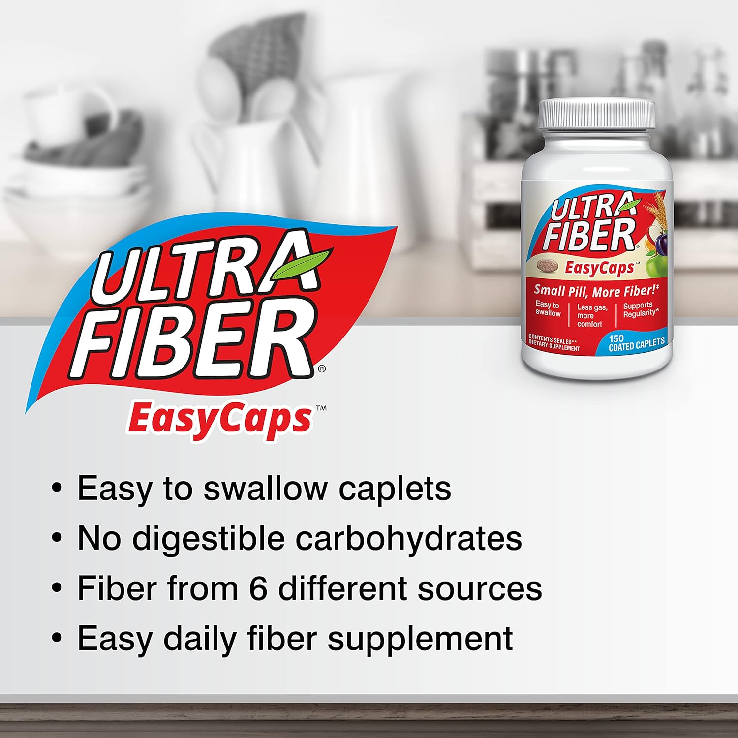 Ultra-Fiber High Fiber Supplement, Soluble & Insoluble Fiber, 150 Count | Coated, easy-to-swallow caplets provide 48% more fiber for comfortable