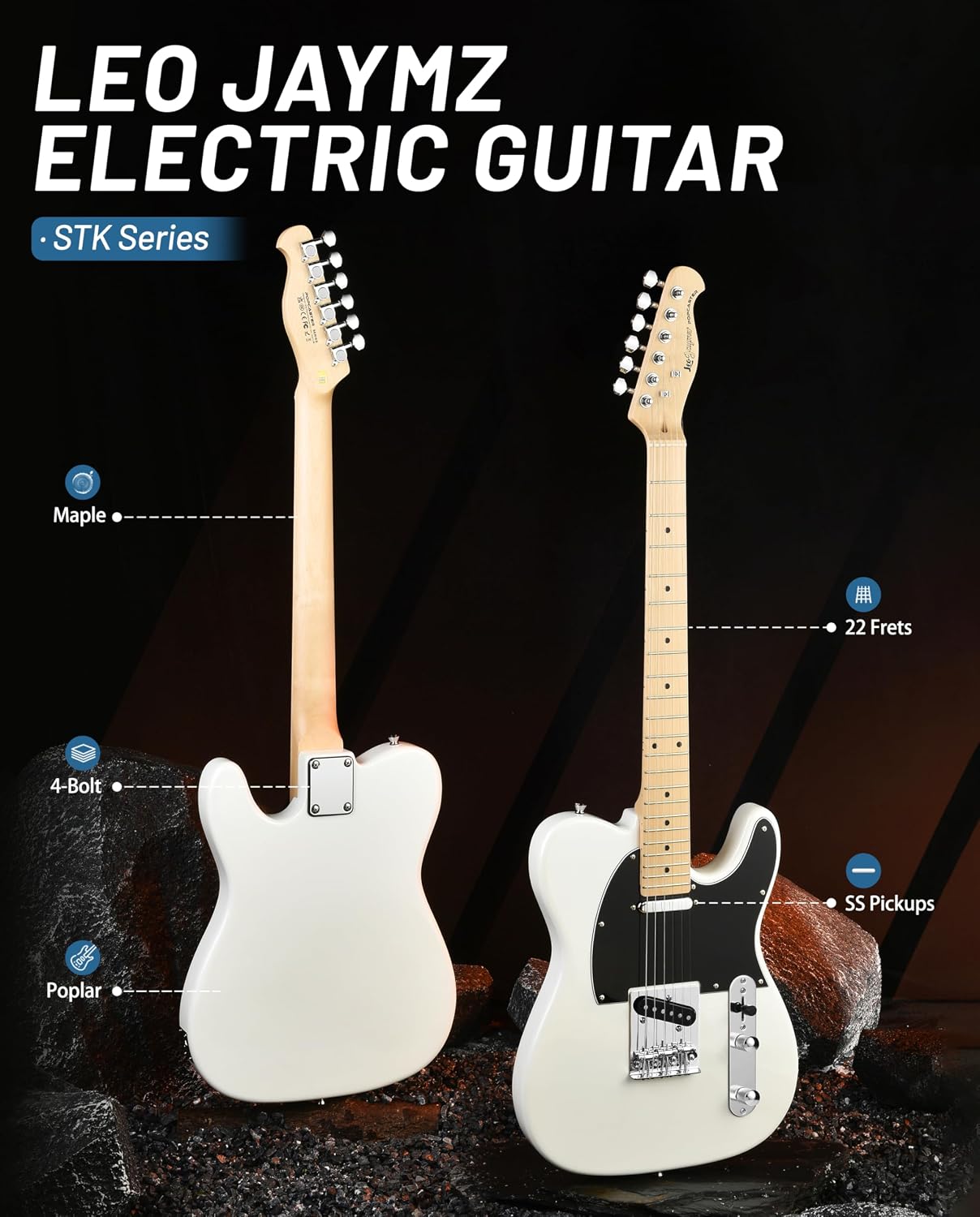 Leo Jaymz Beginner Electric Guitar Complete Kit with Portable Amp, Padded Gig Bag & Full Accessories, Maple Neck (TL-White)