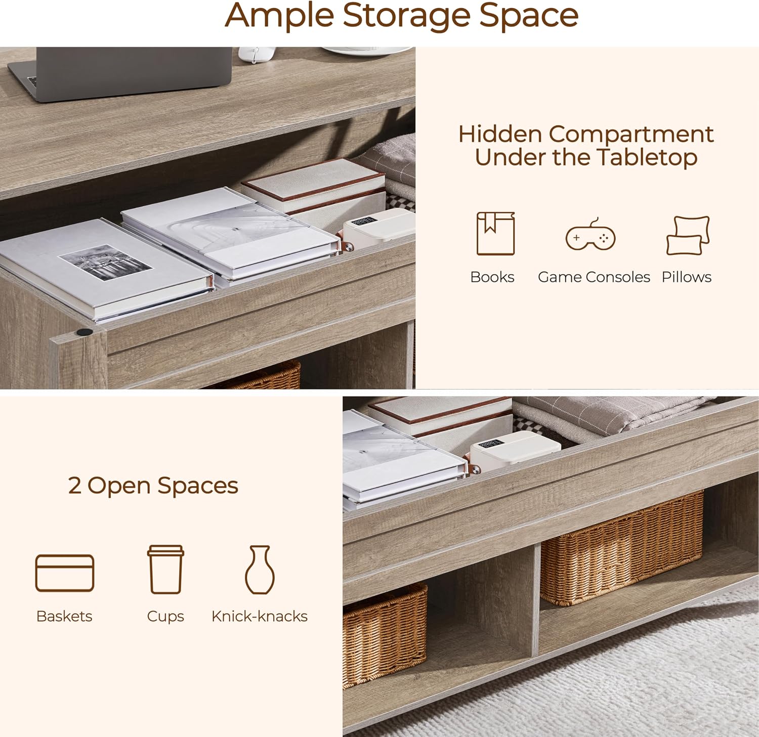 Yaheetech Lift Top Coffee Table with Hidden Storage Compartment Gray 47.5in