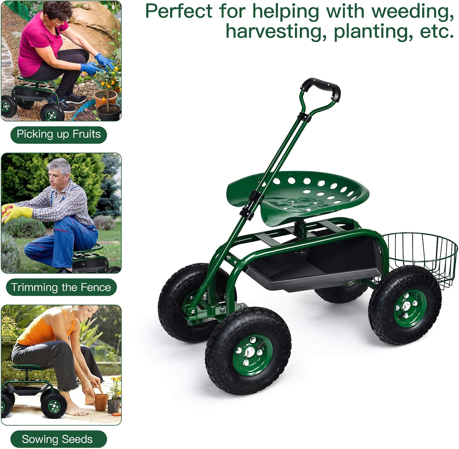 Giantex Rolling Garden Cart with Seat, 4-Wheel Gardening Workseat with Storage Basket, Swivel Stool Adjustable Seat, Steering Handle
