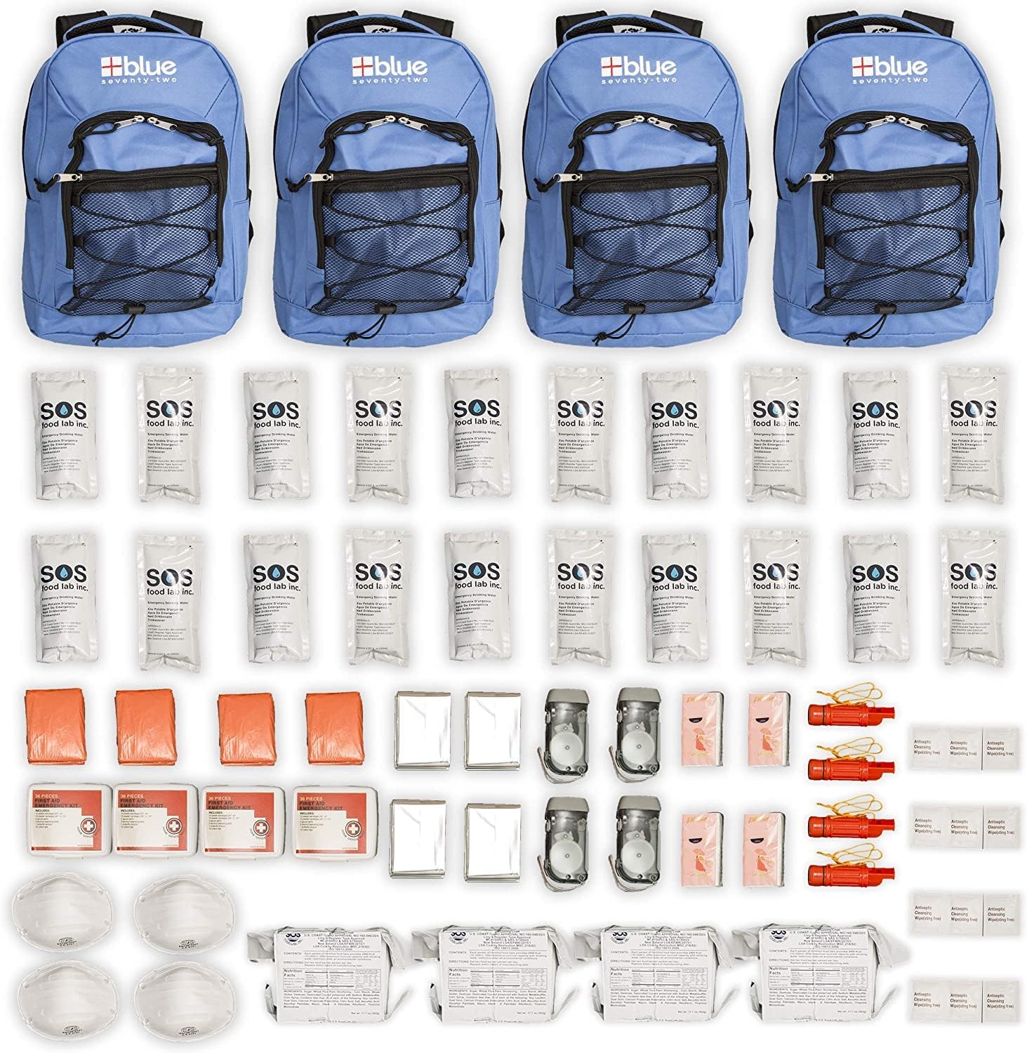 Family 4 Pack - Blue Seventy-Two Standard 72 Hour Emergency Backpack Survival Kit for 1 Person | Survival Kit for Wildfires, Earthquake, Tornado