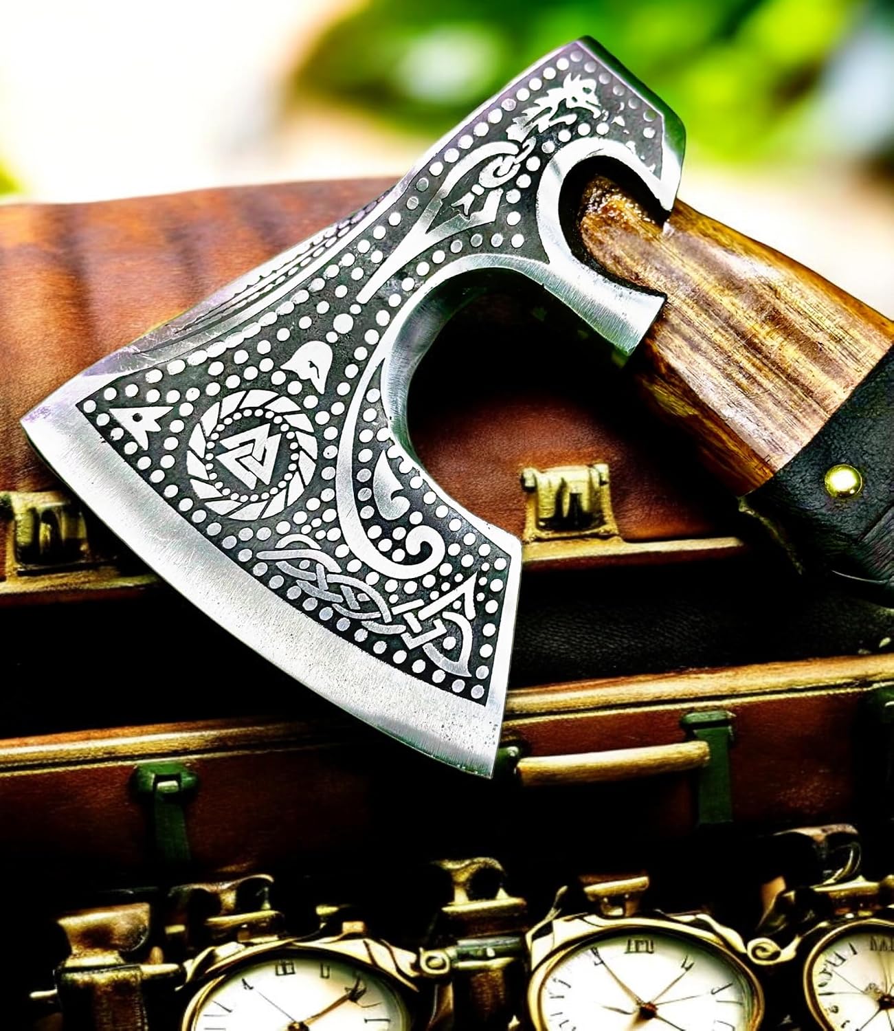 Poshland AX-7000 Custom Gift Forged Carbon Steel Viking Axe with Rose Wood Shaft, Viking Bearded Camping Axe