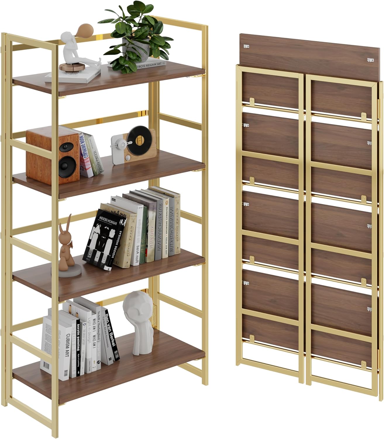 Vintage Multifunctional Folding Bookshelf, No-Assembly Plant Stand Storage Rack Shelves for Home Office (Fire, 5-Tier)