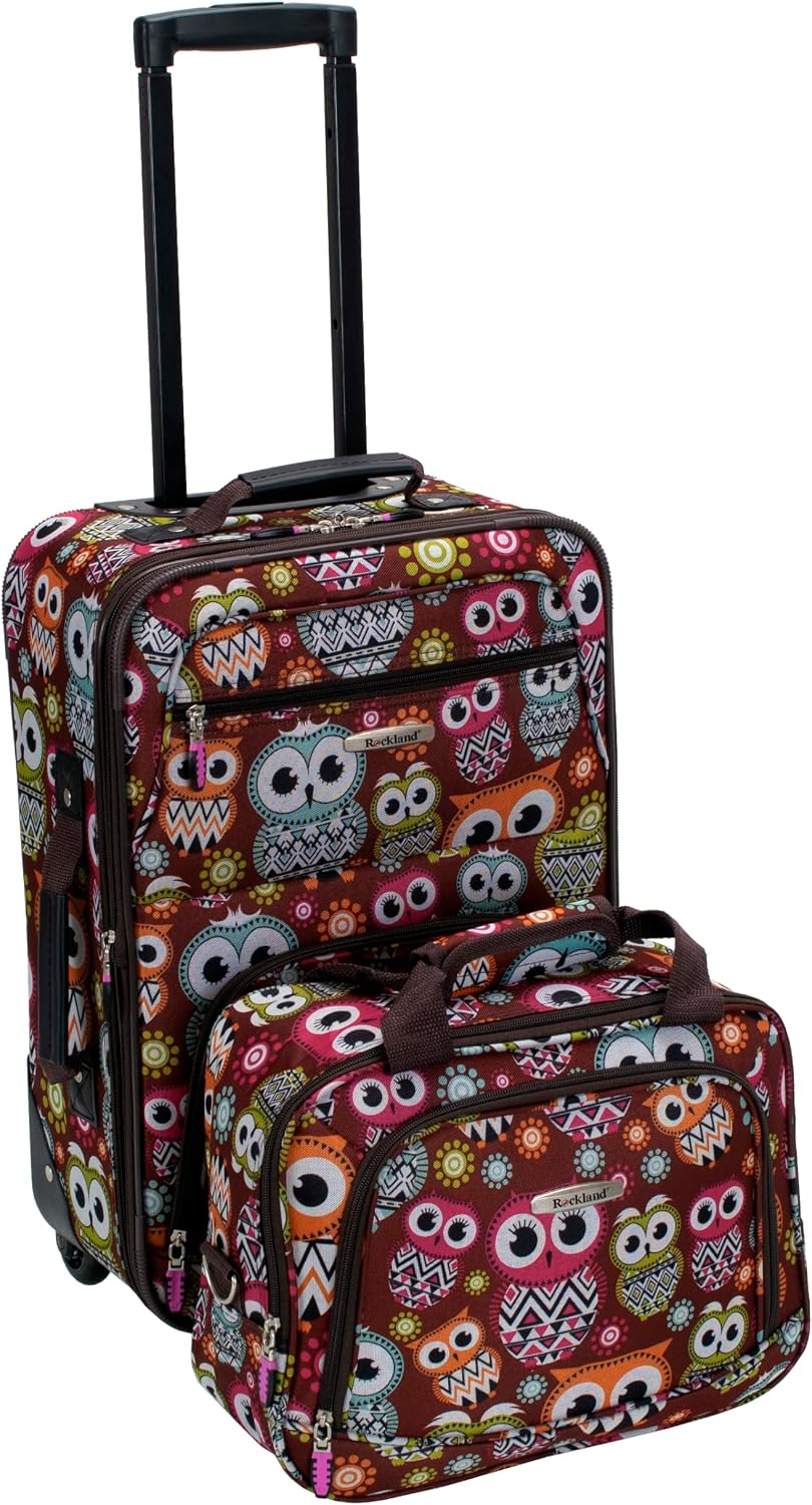Rockland Fashion Softside Upright Luggage Set,Expandable, Telescopic Handle, Wheel, Black Dot, 2-Piece (14/19)