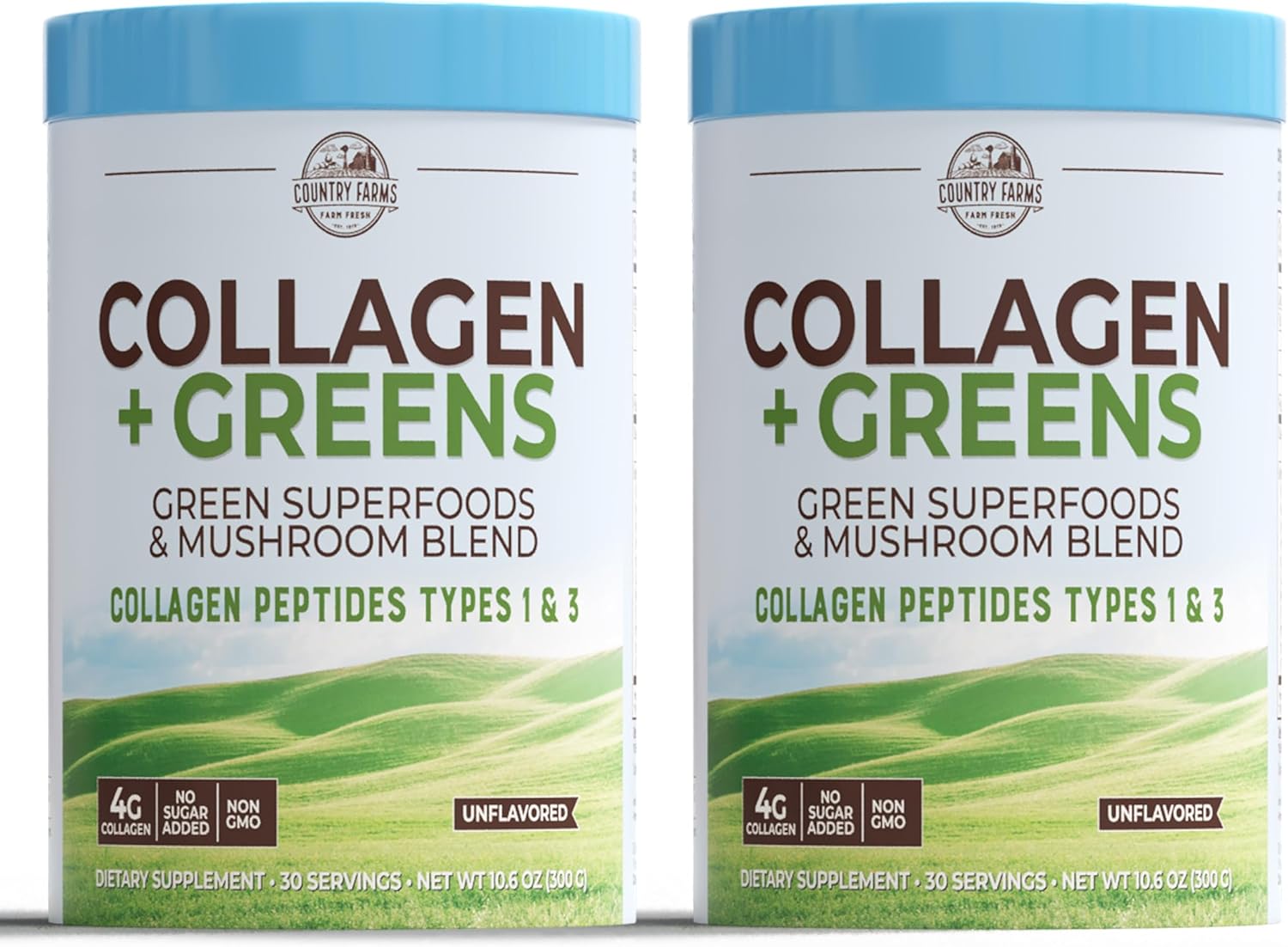 Country Farms Collagen Peptides Powder with Greens Dietary Powder Supplement (Type I, III) for Skin Hair Nail and Joints, Dairy/Sugar Free, Energizing Superfoods, Natural, 10.6 Oz 30 Servings