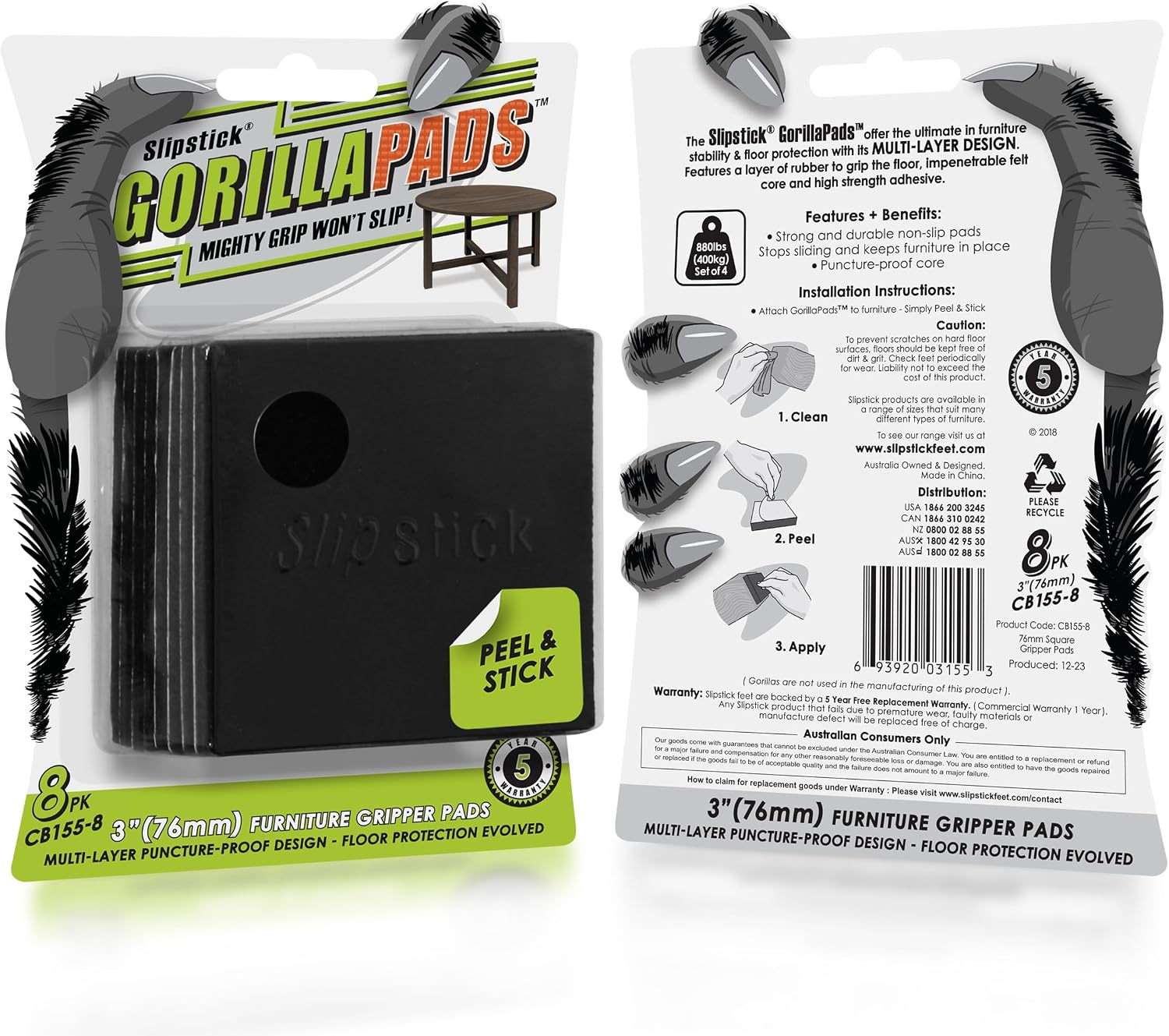 Slipstick GorillaPads CB149 Non-Slip Furniture Pads/Rubber Grippers (Set of 8) Self-Adhesive Furniture Feet Floor Protectors, 1-1/2 inch Round, Black