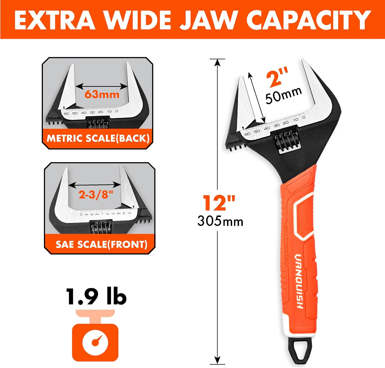VANQUISH 12 Inch Adjustable Wrench, 2-3/8” Wide Jaw Opening Plumbing Wrench, CR-V Steel, SAE and Metric Scale Marked, With Comfort Grip Handle and Hanging Hole (3154)