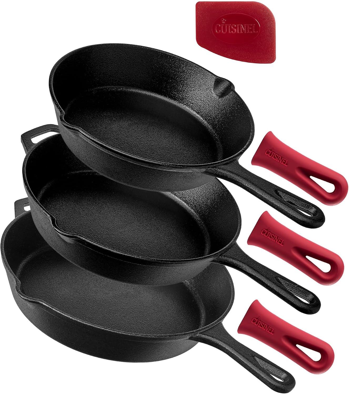 Cast Iron Skillet - 10"-Inch Frying Pan with Pour Spouts + Pan Scraper + Silicone Grip Handle Cover Holder - Pre-Seasoned Oven Cookware - Indoor/Outdoor Use - Stovetop, Induction. PFAS and PFOA-free
